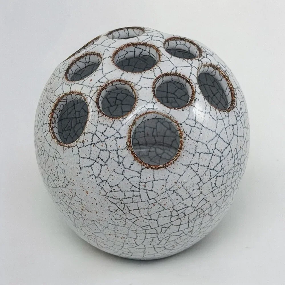 Signed Studio Pottery Crackle Glaze Flower Frog Gray Spherical Ikebana